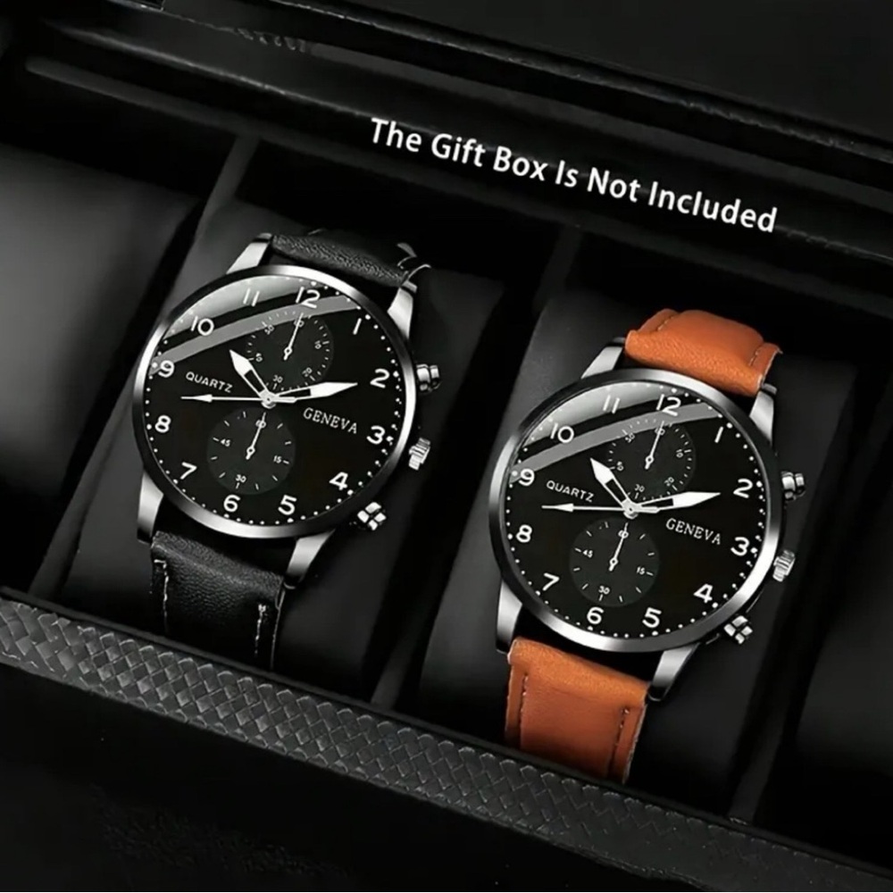 2Pcs Classic Men’s Quartz Watch Set, Zinc Alloy Case, PU Leather Strap Analog